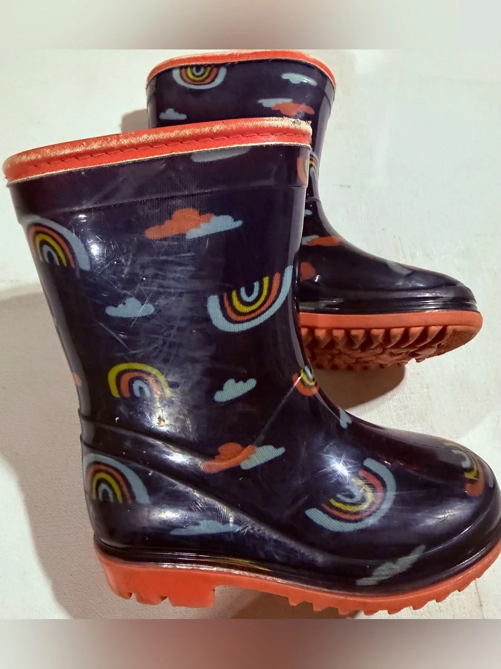 Carter's Navy Rain Boots with Rainbow & Orange Accents